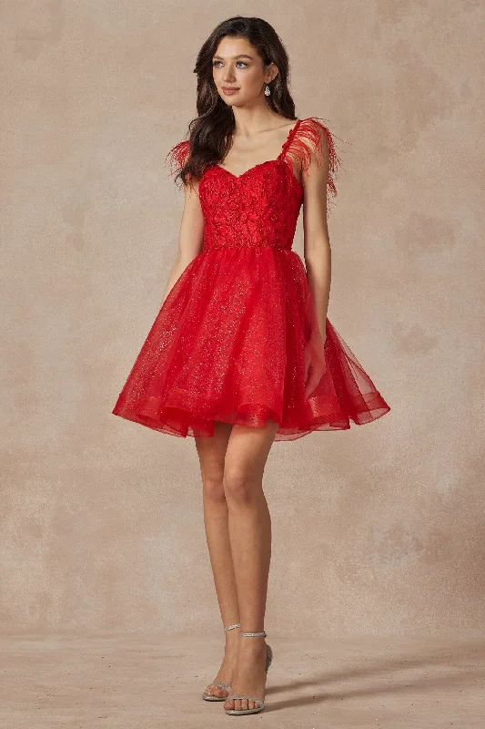 Simple party dresses for effortless chic style -Embroidered Short Sleeveless Feather Dress by Juliet 881