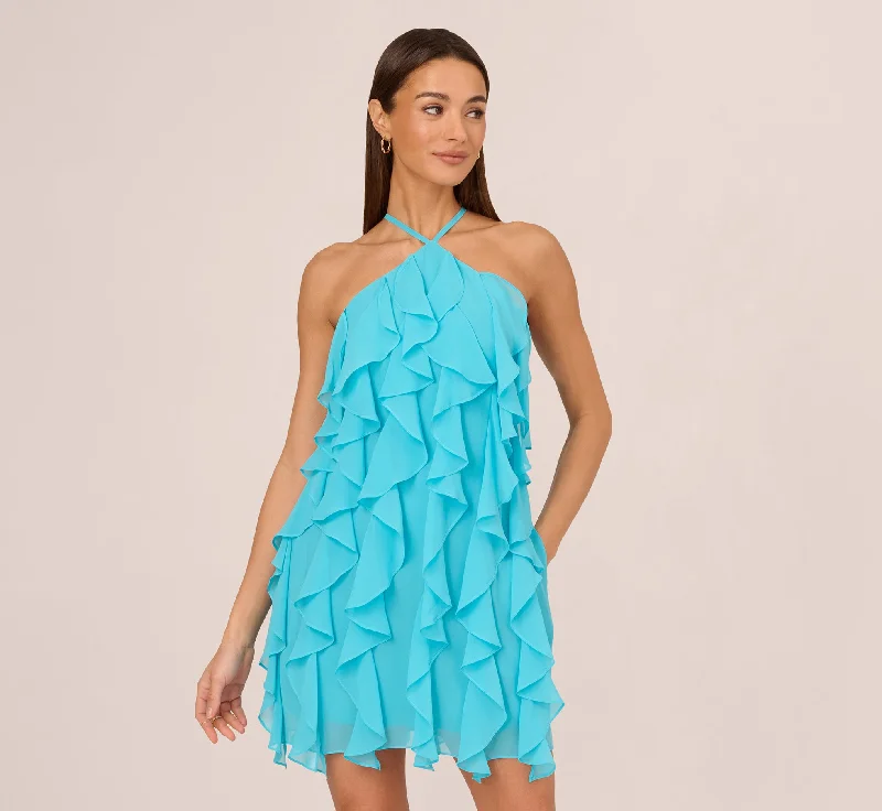 Wedding guest dresses with bell sleeves for a bohemian feel -Ruffle Chiffon Halter Dress With Pockets In Azure Blue Wedding guest dresses with bell sleeves for a bohemian feel -Ruffle Chiffon Halter Dress With Pockets In Azure Blue