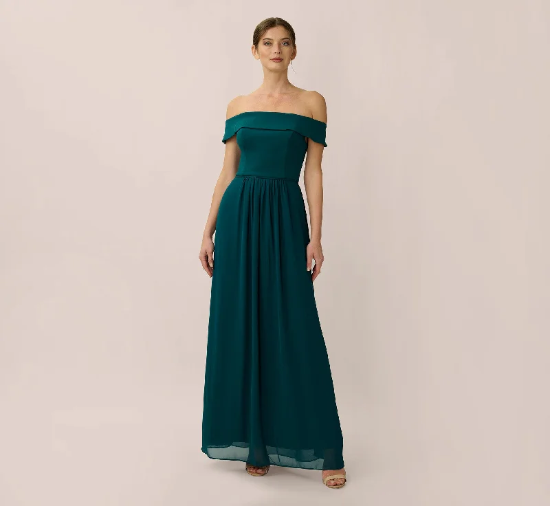 formal dresses with adjustable waist ties for comfort --Off The Shoulder Crepe Chiffon Gown With Soft Skirt In Hunter