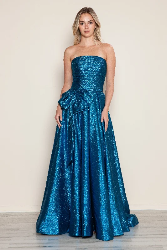 cocktail dresses with floral appliques for spring vibes --Metallic Strapless A-line Gown by Poly USA 9720 cocktail dresses with floral appliques for spring vibes --Metallic Strapless A-line Gown by Poly USA 9720