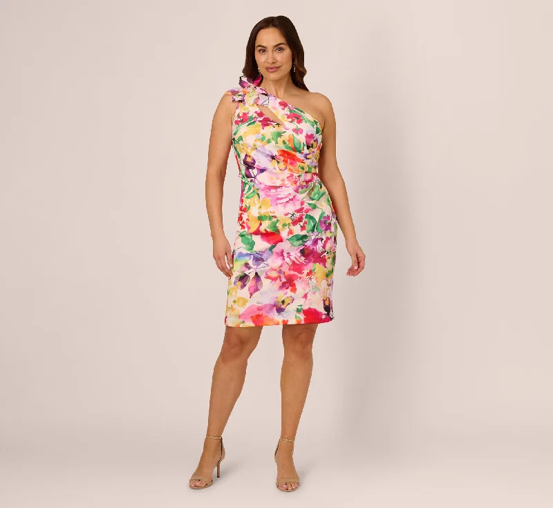 Comfortable spring dresses for long days at work -Plus Size One Shoulder Rosette Floral Sheath Dress In Pink Multi Comfortable spring dresses for long days at work -Plus Size One Shoulder Rosette Floral Sheath Dress In Pink Multi