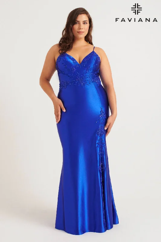 Wedding guest dresses that pair well with nude heels -Plus Size Satin Fitted V-Neck Gown by Faviana 9562 Wedding guest dresses that pair well with nude heels -Plus Size Satin Fitted V-Neck Gown by Faviana 9562