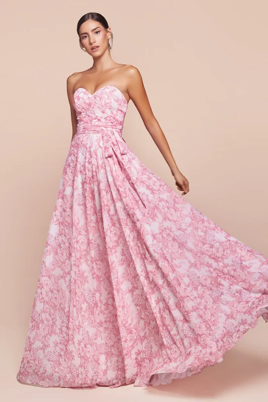 bridesmaid dresses with mesh sleeves for subtle coverage --Floral Print Strapless A-line Gown by Ladivine 7443 - Outlet bridesmaid dresses with mesh sleeves for subtle coverage --Floral Print Strapless A-line Gown by Ladivine 7443 - Outlet