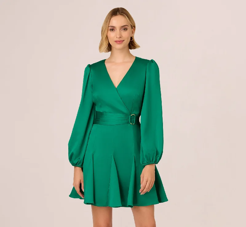Flirty spring dresses with frill details -Godet Faux Wrap Short Dress In Radiant Emerald Flirty spring dresses with frill details -Godet Faux Wrap Short Dress In Radiant Emerald