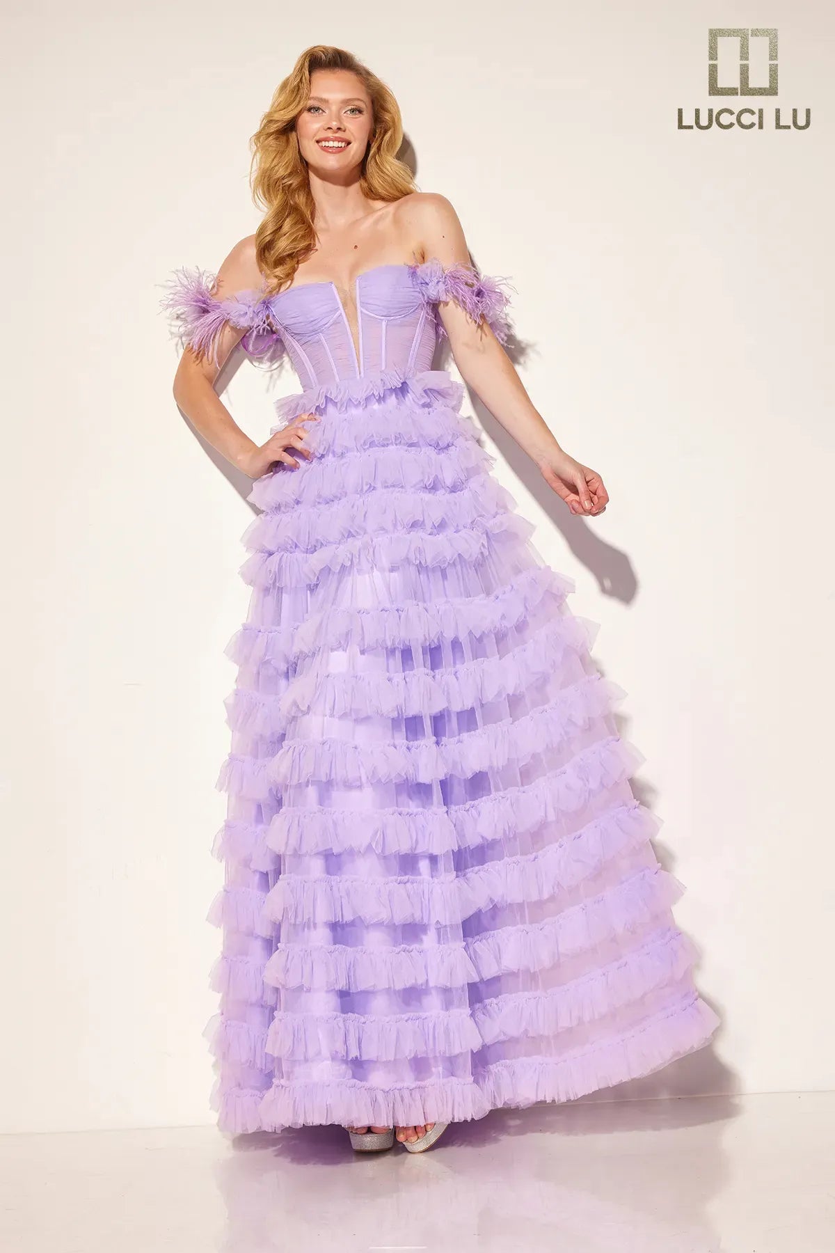 formal dresses for post-surgery patients with easy closures --Feather Off Shoulder Tiered Gown by Lucci Lu 1410 formal dresses for post-surgery patients with easy closures --Feather Off Shoulder Tiered Gown by Lucci Lu 1410