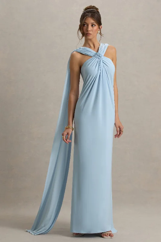 Ariana | Powder Blue Cross-Neck Maxi Dress With Cape