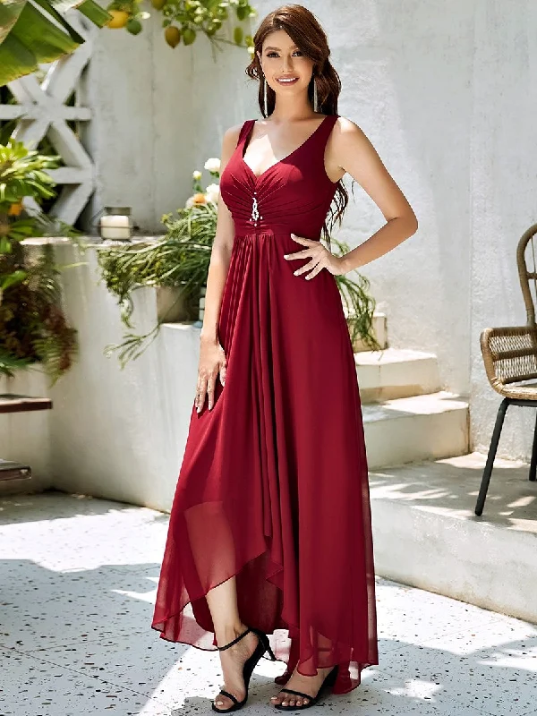 formal dresses for church events with modest hemlines --Double V Neck Rhinestones Ruched Bust High Low Evening Dresses formal dresses for church events with modest hemlines --Double V Neck Rhinestones Ruched Bust High Low Evening Dresses