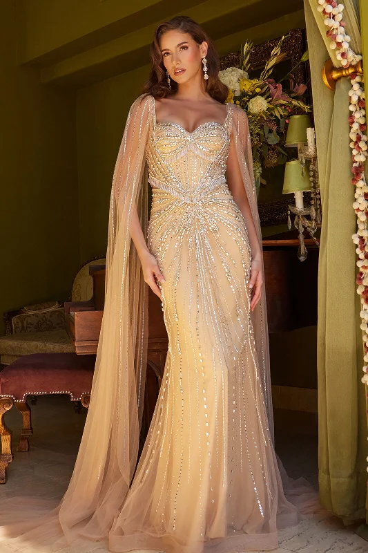 Stunning wedding guest dresses for fall celebrations -Beaded Fitted Cape Sleeve Gown by GLS Gloria GL3583 Stunning wedding guest dresses for fall celebrations -Beaded Fitted Cape Sleeve Gown by GLS Gloria GL3583