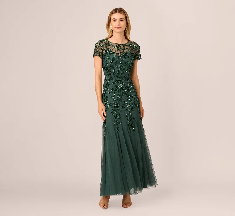 formal dresses for bridesmaids in pastel shades and lace --Hand Beaded Short Sleeve Floral Godet Gown In Dusty Emerald formal dresses for bridesmaids in pastel shades and lace --Hand Beaded Short Sleeve Floral Godet Gown In Dusty Emerald