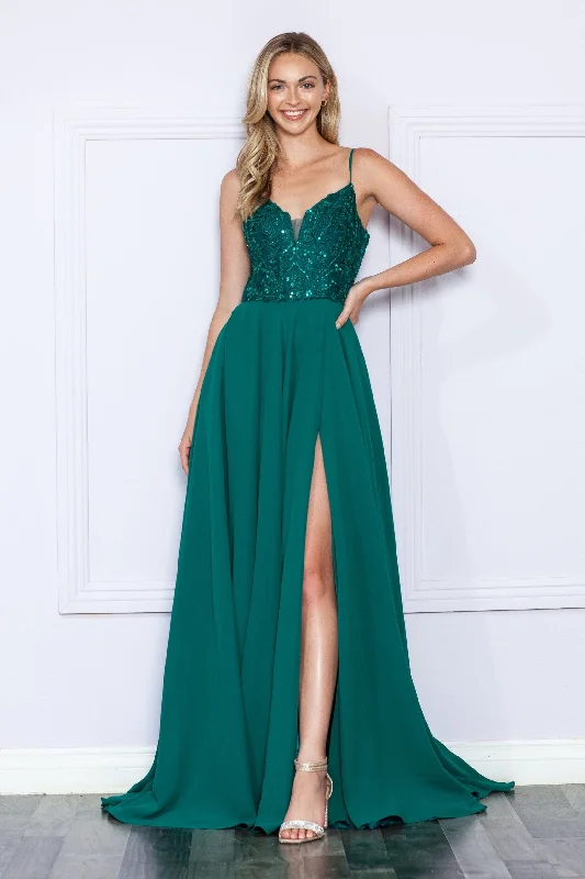 cocktail dresses with embroidered sleeves for elegance --Sequin Embroidered Sleeveless Slit Gown by Poly USA 9368
