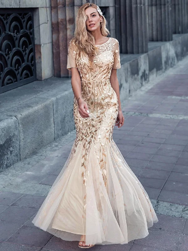 formal dresses for senior women with elegant silhouettes --Wholesale Sequin Print Fishtail Tulle Dresses for Party formal dresses for senior women with elegant silhouettes --Wholesale Sequin Print Fishtail Tulle Dresses for Party