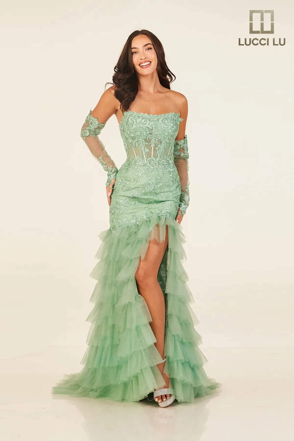 cocktail dresses with ruched sides for slimming effect --Fitted Long Sleeve Ruffled Slit Gown by Lucci Lu 1425