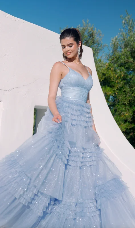 cocktail dresses with sequined accents for festive look --Tulle Sleeveless A-line Tiered Gown by Eureka 9888