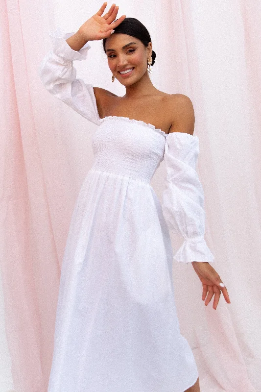 Spring dresses with off-the-shoulder designs for a romantic vibe -Domenica Shirred Long Sleeve Midi Dress - White Spring dresses with off-the-shoulder designs for a romantic vibe -Domenica Shirred Long Sleeve Midi Dress - White