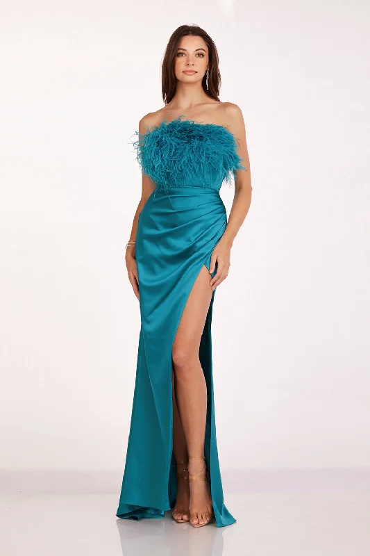 cocktail dresses with wrap fronts for flattering fit --Feather Strapless Satin Gown by Abby Paris 90200
