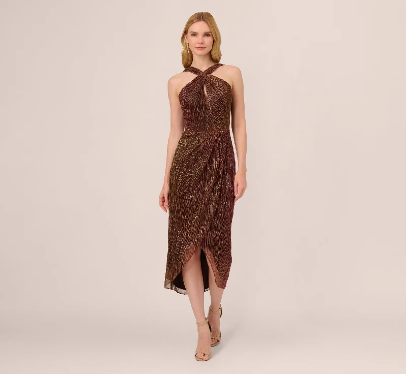 formal dresses for winter galas with fur collars --Metallic Knit Halter Midi Dress With Wrap Skirt In Copper