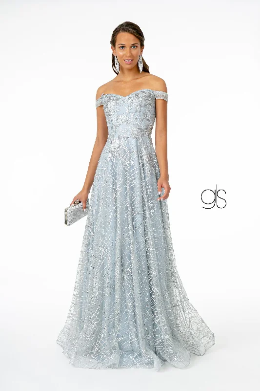 Wedding guest dresses for outdoor spring celebrations -Long Off Shoulder Glitter Print Dress by Elizabeth K GL2887 Wedding guest dresses for outdoor spring celebrations -Long Off Shoulder Glitter Print Dress by Elizabeth K GL2887