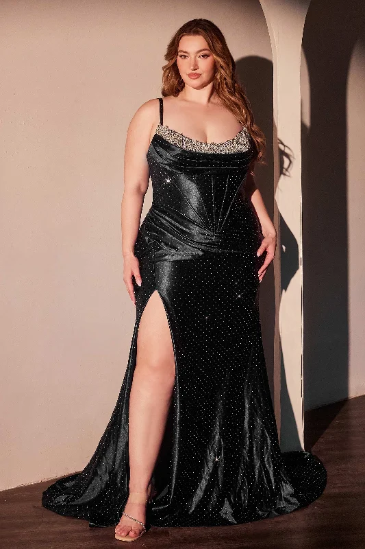 cocktail dresses with halter tops for chic style --Plus Size Beaded Satin Slit Gown by Ladivine CDS529C cocktail dresses with halter tops for chic style --Plus Size Beaded Satin Slit Gown by Ladivine CDS529C