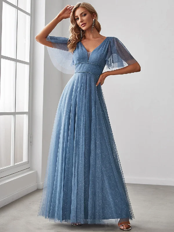 Glamorous gold dresses for evening parties -Wholesale Long Deep V Neck Maxi A-Line Tulle Evening Dress Glamorous gold dresses for evening parties -Wholesale Long Deep V Neck Maxi A-Line Tulle Evening Dress