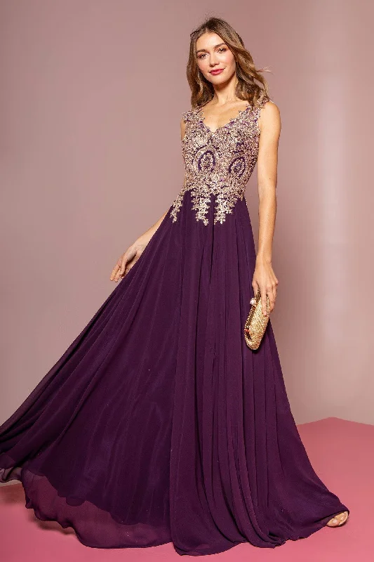 Satin wedding guest dresses for evening elegance -Applique Long V-Neck Dress by Elizabeth K GL2311 Satin wedding guest dresses for evening elegance -Applique Long V-Neck Dress by Elizabeth K GL2311