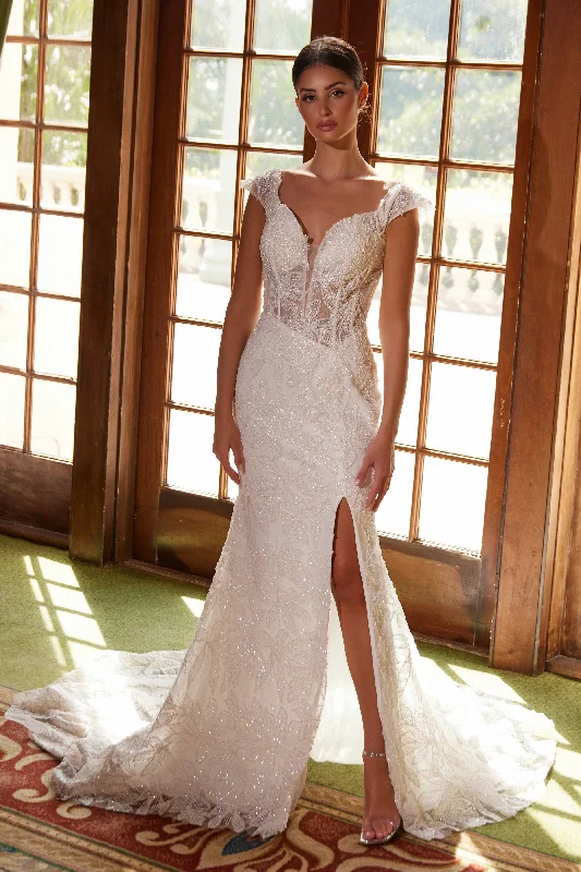 cocktail dresses with halter tops for chic style --Cap Sleeve Slit Bridal Gown by Nox Anabel C1600W