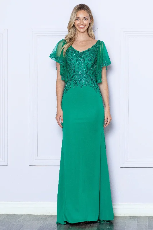 Wedding guest dresses with pleats for added movement -Fitted Embroidered Short Sleeve Gown by Poly USA 9318 Wedding guest dresses with pleats for added movement -Fitted Embroidered Short Sleeve Gown by Poly USA 9318