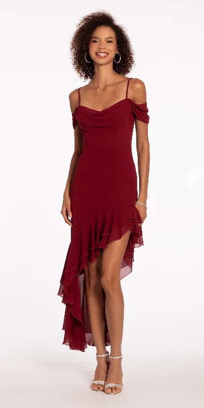 Strapless summer party dresses for warm weather -Chiffon Off the Shoulder Drape High Low Dress with Ruffle Hem Strapless summer party dresses for warm weather -Chiffon Off the Shoulder Drape High Low Dress with Ruffle Hem