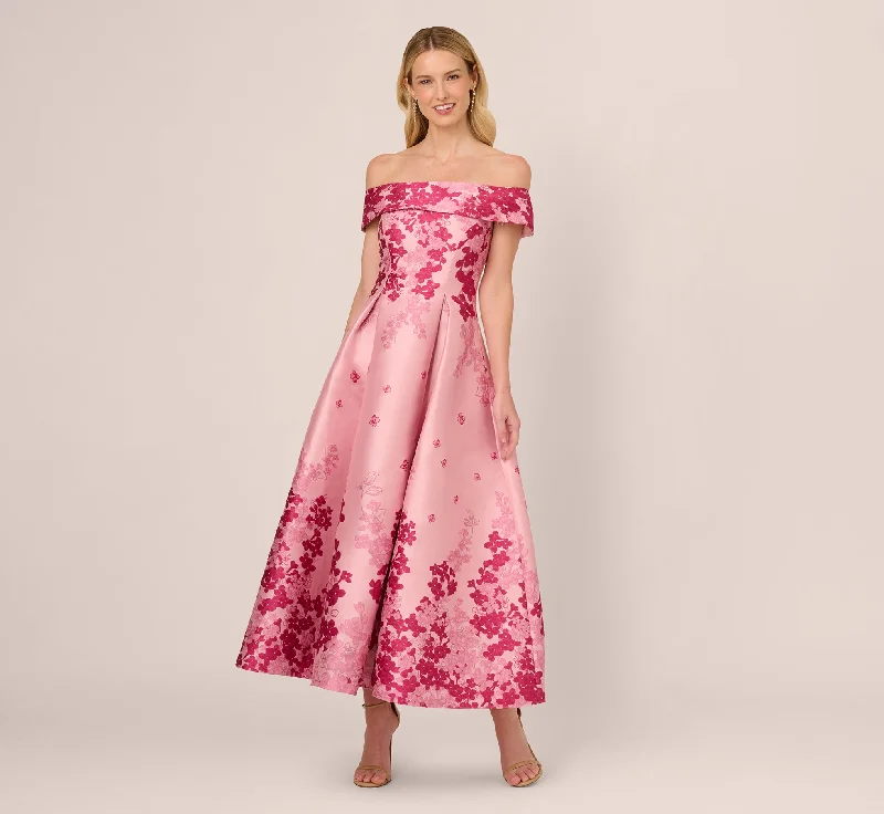 Wedding guest dresses in metallic shades for a chic look -Floral Jacquard Ankle Length Dress With Off The Shoulder Neckline In Pink Multi Wedding guest dresses in metallic shades for a chic look -Floral Jacquard Ankle Length Dress With Off The Shoulder Neckline In Pink Multi