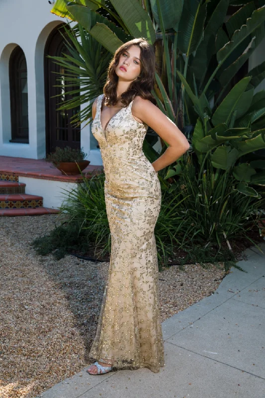 cocktail dresses with mesh necklines for modern appeal --Glitter Print Fitted V-Neck Gown by Eureka 9706