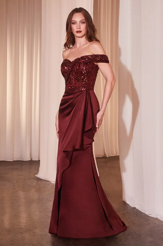 Trendy wedding guest dresses with cut-out details for added drama -Beaded Satin Fitted Off Shoulder Gown by Ladivine CR877 Trendy wedding guest dresses with cut-out details for added drama -Beaded Satin Fitted Off Shoulder Gown by Ladivine CR877