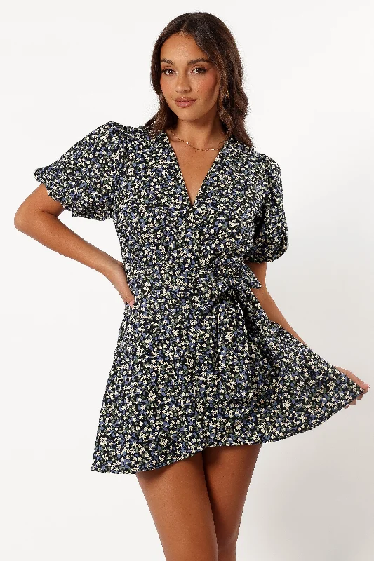 Comfortable spring dresses for travel and exploration -Kenn Wrap Mini Dress - Indigo Vanilla Comfortable spring dresses for travel and exploration -Kenn Wrap Mini Dress - Indigo Vanilla