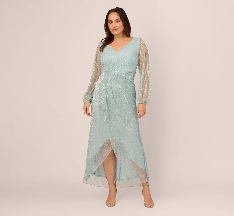 formal dresses for post-surgery patients with easy closures --Plus Size Crinkle Metallic Gown With Sheer Bishop Sleeves And Draped Details In Mint Smoke formal dresses for post-surgery patients with easy closures --Plus Size Crinkle Metallic Gown With Sheer Bishop Sleeves And Draped Details In Mint Smoke