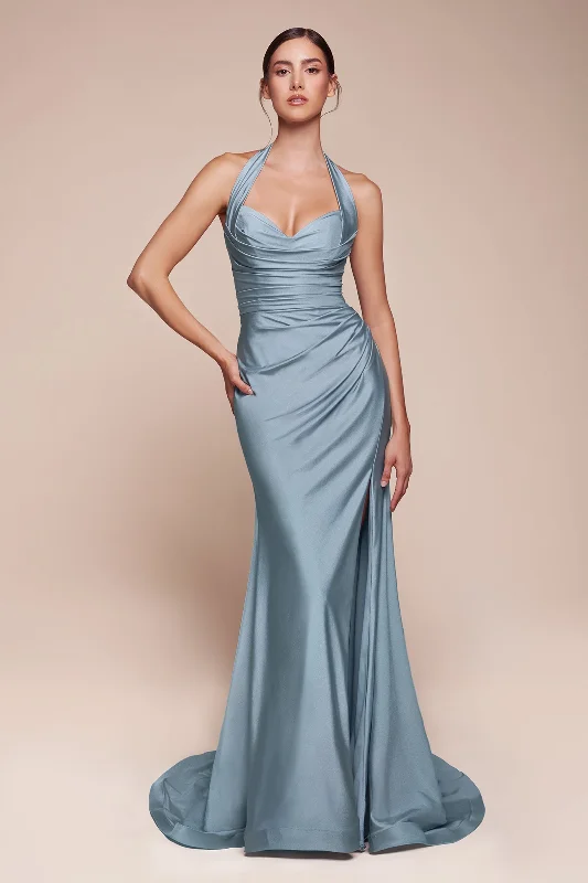bridesmaid dresses with open backs for summer weddings --Satin Fitted Long Halter Slit Dress by Ladivine CD796 - Outlet bridesmaid dresses with open backs for summer weddings --Satin Fitted Long Halter Slit Dress by Ladivine CD796 - Outlet