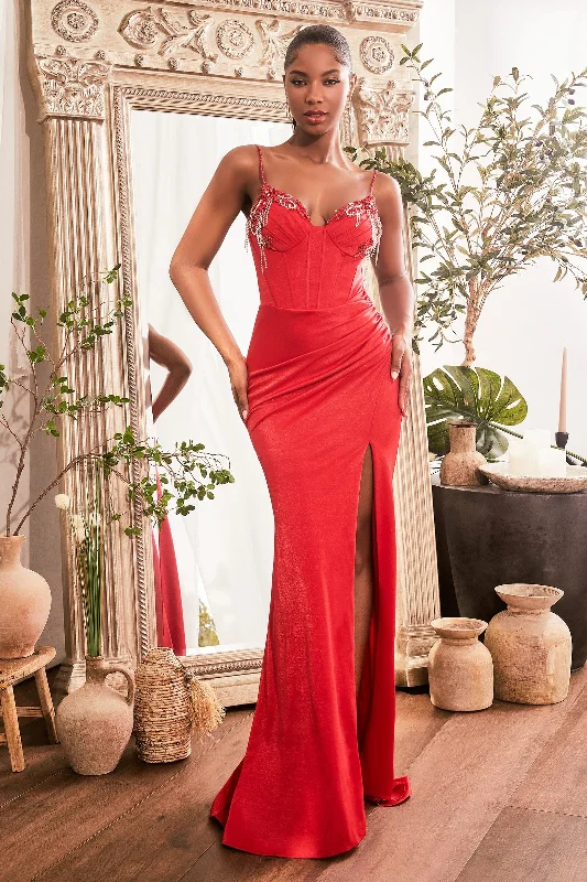 formal dresses for holiday parties in jewel tones --Fitted Beaded Sleeveless Corset Slit Gown by Ladivine OC021 formal dresses for holiday parties in jewel tones --Fitted Beaded Sleeveless Corset Slit Gown by Ladivine OC021