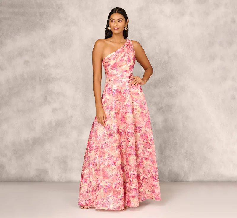 formal dresses with detachable capes for dramatic effect --Printed Jacquard One Shoulder Ball Gown With Pleat Details In Red Multi