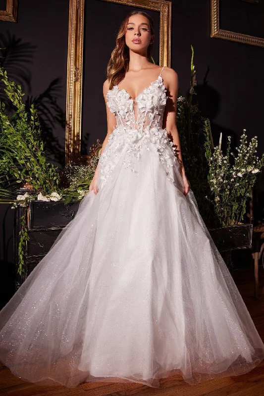 cocktail dresses with wrap skirts for adjustable fit --White 3D Floral A-line Tulle Gown by Ladivine CM321W