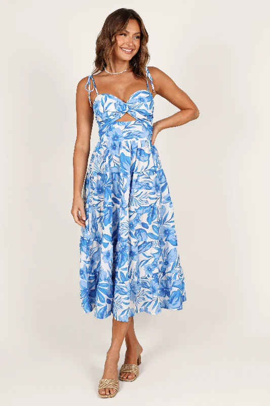 Wedding guest dresses with high-low hemlines for modern flair -Rose Midi Dress - Blue/White Wedding guest dresses with high-low hemlines for modern flair -Rose Midi Dress - Blue/White