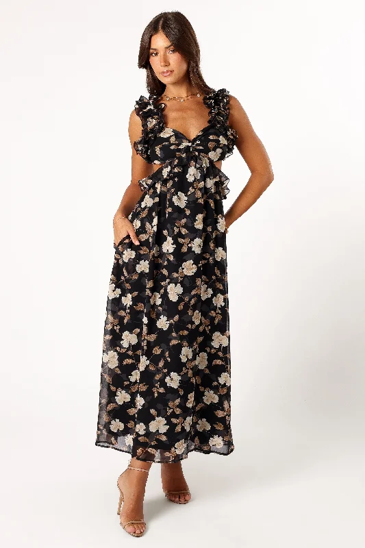 formal dresses with satin fabric for smooth finish --Lucah Frill Shoulder Maxi Dress - Black Floral formal dresses with satin fabric for smooth finish --Lucah Frill Shoulder Maxi Dress - Black Floral