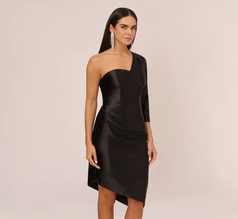 Comfortable wedding guest dresses for long days -One Shoulder Satin Midi Dress With Three-Quarter Sleeve In Black Comfortable wedding guest dresses for long days -One Shoulder Satin Midi Dress With Three-Quarter Sleeve In Black
