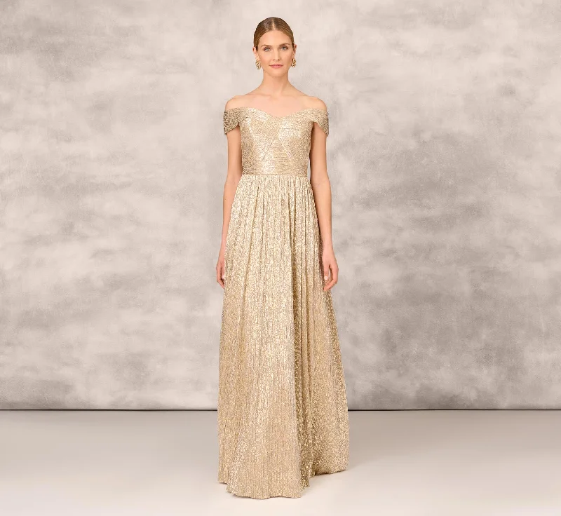 formal dresses for women with disabilities featuring magnetic closures --Off The Shoulder Metallic Foiled Metallic Pleated Mesh Long A-Line Ball Gown In Gold formal dresses for women with disabilities featuring magnetic closures --Off The Shoulder Metallic Foiled Metallic Pleated Mesh Long A-Line Ball Gown In Gold