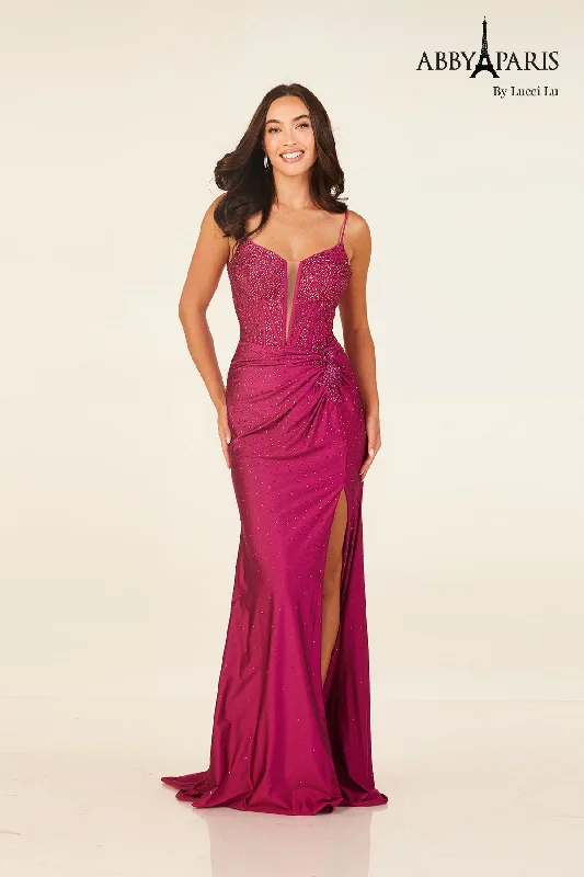 cocktail dresses with floral appliques for spring vibes --Beaded Jersey Corset Slit Gown by Abby Paris 90313 cocktail dresses with floral appliques for spring vibes --Beaded Jersey Corset Slit Gown by Abby Paris 90313