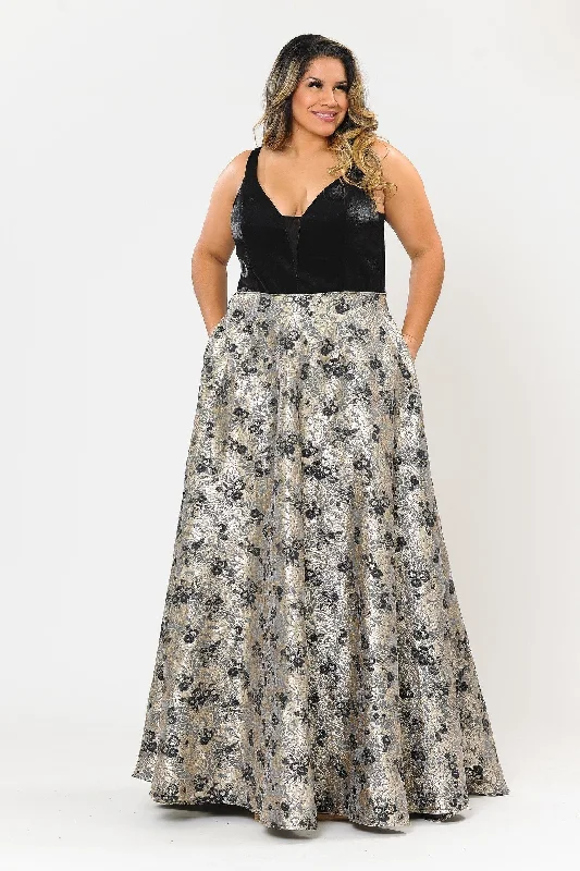 Stunning wedding guest dresses for festive wedding receptions -Plus Size Long V-Neck Dress with Print Skirt by Poly USA W1012 Stunning wedding guest dresses for festive wedding receptions -Plus Size Long V-Neck Dress with Print Skirt by Poly USA W1012