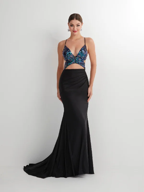 Wedding guest dresses with statement sleeves for a bold appearance -Butterfly Sequin Print Two Piece Gown by Studio 17 12892 Wedding guest dresses with statement sleeves for a bold appearance -Butterfly Sequin Print Two Piece Gown by Studio 17 12892