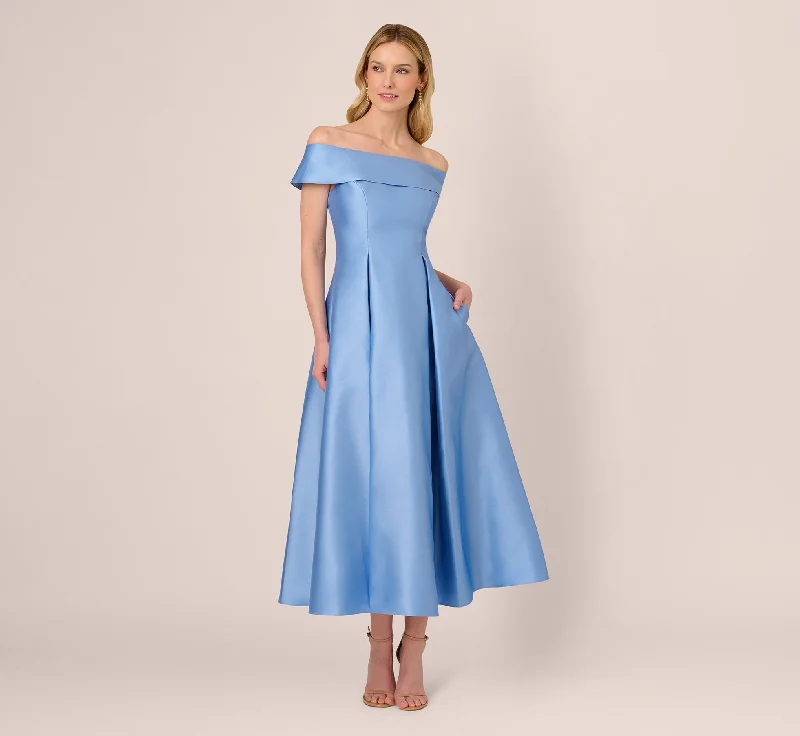 Gorgeous wedding guest dresses that are both fashionable and comfortable -Off Shoulder Mikado Fit And Flare Midi Dress In Bluebell Gorgeous wedding guest dresses that are both fashionable and comfortable -Off Shoulder Mikado Fit And Flare Midi Dress In Bluebell