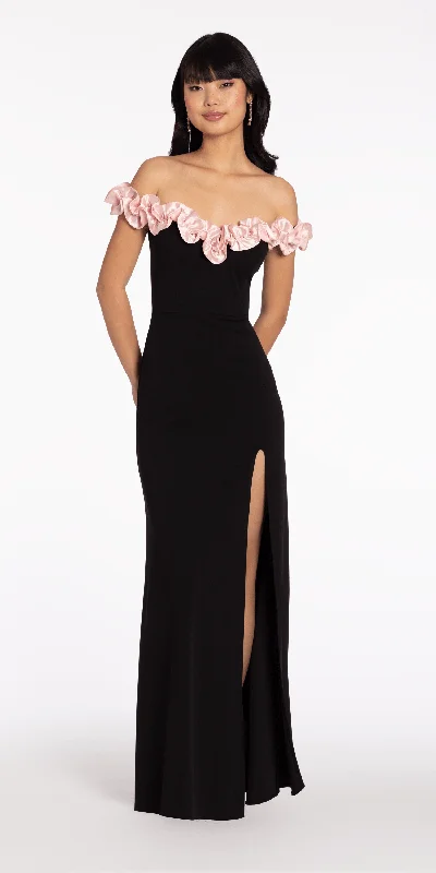 Bold party dresses for fashion-forward women -Crepe Off the Shoulder Column Dress with Ruffle Detail