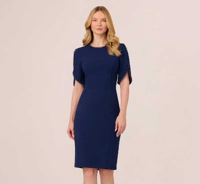 Simple spring dresses for easy styling with accessories -Crepe Midi Length Sheath Dress With Pearl Trimmed Sleeves In Navy Sateen Simple spring dresses for easy styling with accessories -Crepe Midi Length Sheath Dress With Pearl Trimmed Sleeves In Navy Sateen