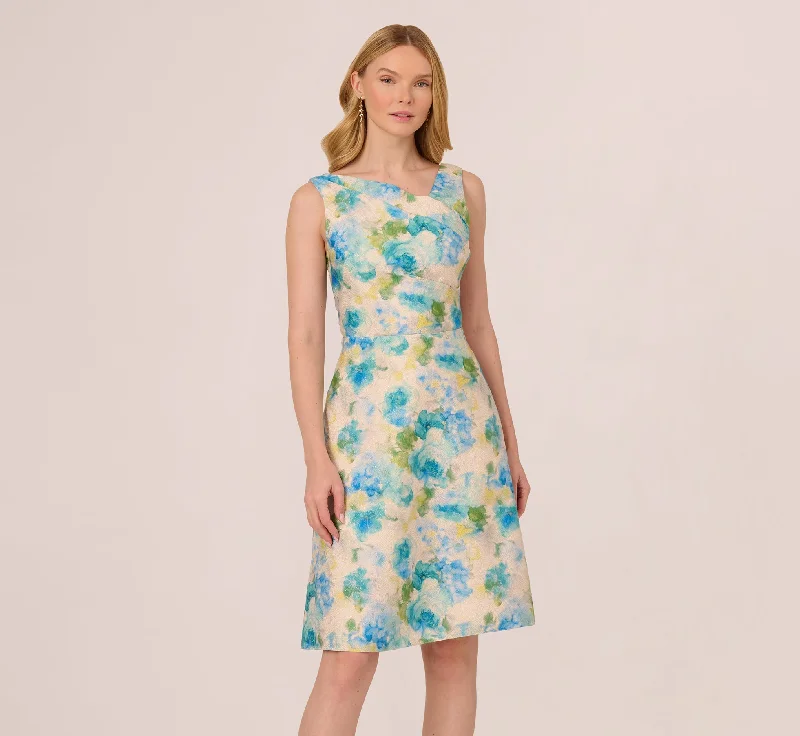 Affordable spring dresses for every occasion -Sleeveless Asymmetrical Floral Jacquard Midi Dress In Ivory Blue Multi Affordable spring dresses for every occasion -Sleeveless Asymmetrical Floral Jacquard Midi Dress In Ivory Blue Multi