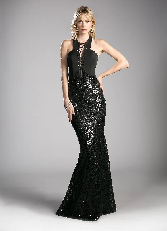 cocktail dresses with satin bows for elegant detail --Sequined Long Black Halter Dress by Cinderella Divine 62495 cocktail dresses with satin bows for elegant detail --Sequined Long Black Halter Dress by Cinderella Divine 62495