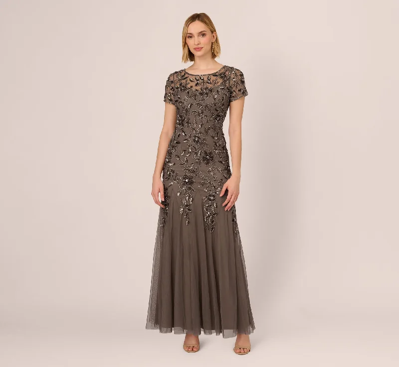 formal dresses with satin sashes for waist accentuation --Hand Beaded Short Sleeve Floral Godet Gown In Lead formal dresses with satin sashes for waist accentuation --Hand Beaded Short Sleeve Floral Godet Gown In Lead