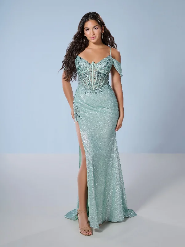 cocktail dresses with slit skirts for ease of movement --Fitted Cold Shoulder Slit Gown by Tiffany Designs 16250